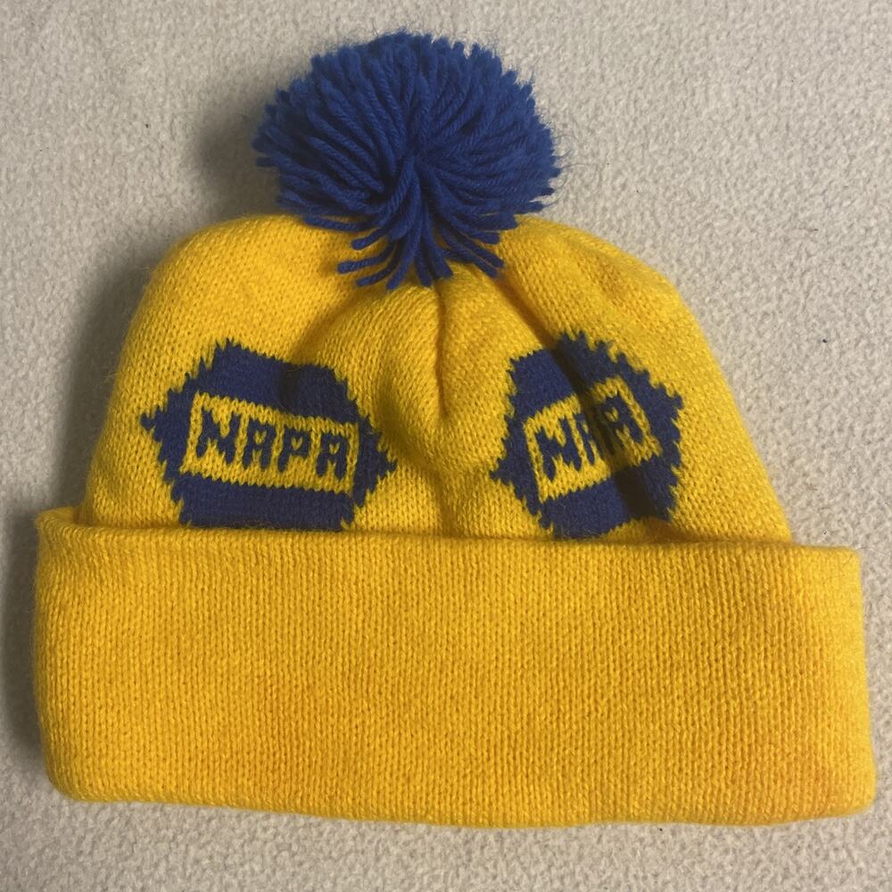 Vintage 80s NAPA Auto Parts Knit Beanie Hat Pom Yellow Blue Retro Racing Ski